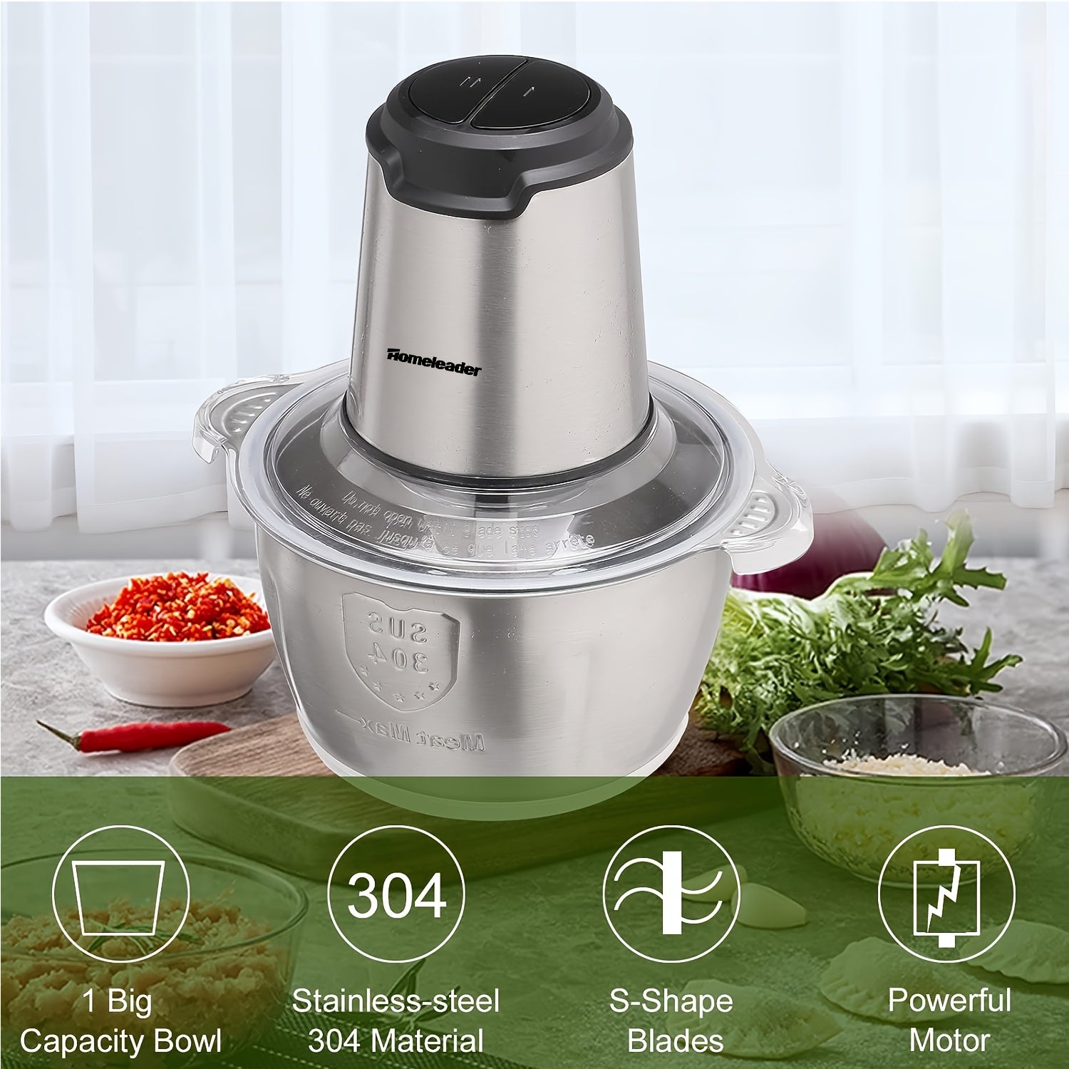 Homeleader Electric Food Processor Chopper - 4 Stainless Steel Blades, Single Bowl Multifunctional for Meat, Vegetables, Fruits, Nuts | Compact Design & Easy Clean | Effortless Meal Prep Kitchen Gadget