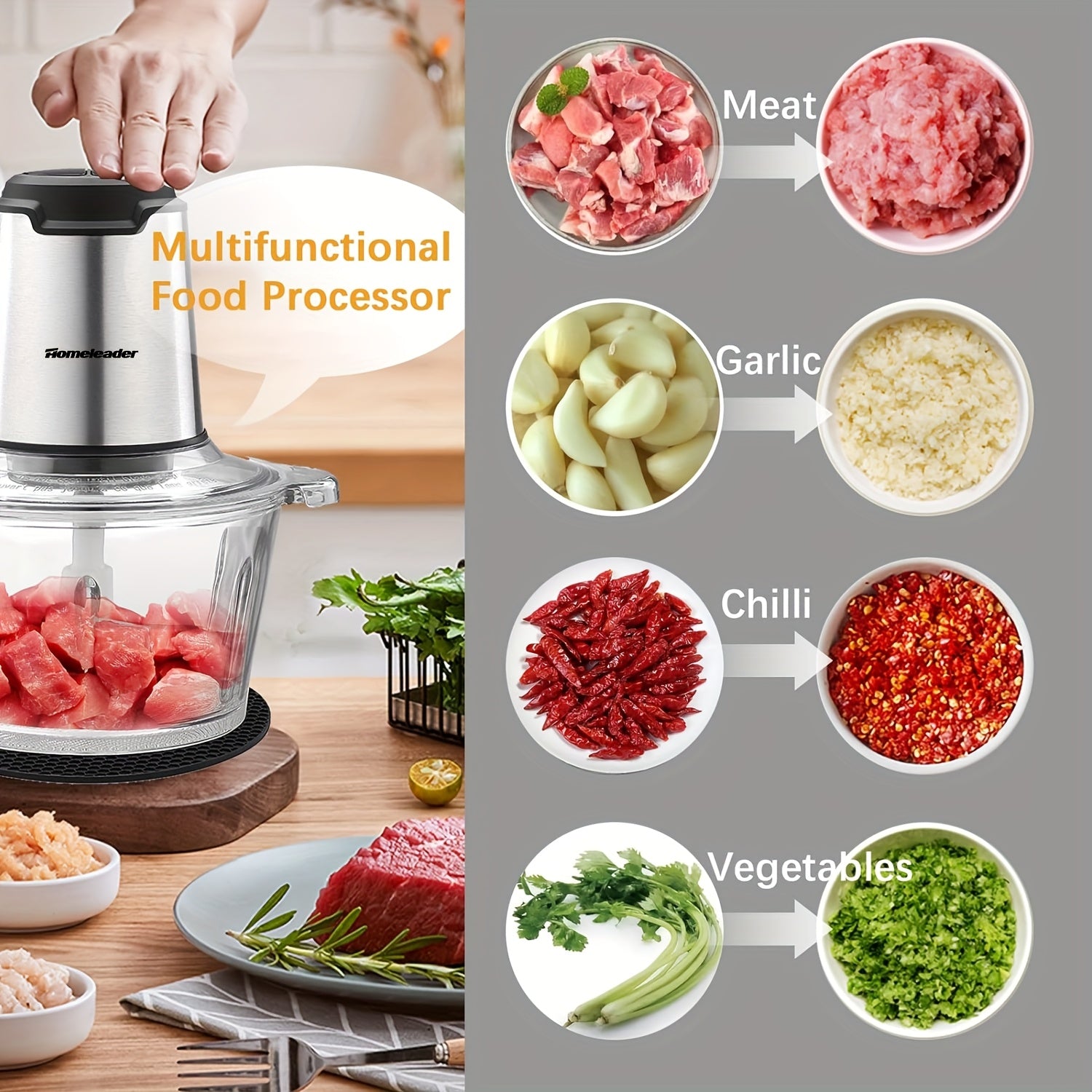 Homeleader Electric Food Processor Chopper - 4 Stainless Steel Blades, Single Bowl Multifunctional for Meat, Vegetables, Fruits, Nuts | Compact Design & Easy Clean | Effortless Meal Prep Kitchen Gadget