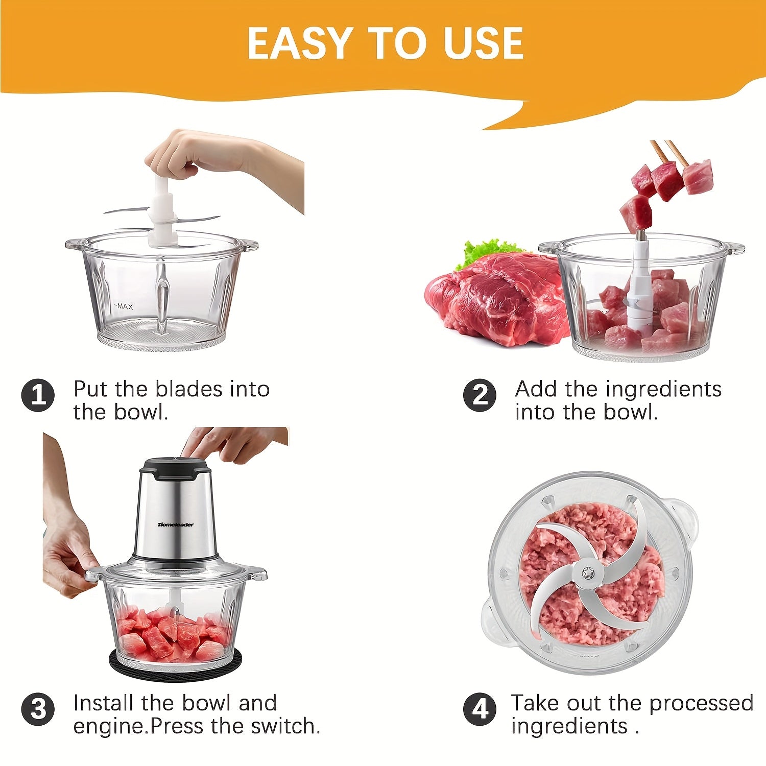 Homeleader Electric Food Processor Chopper - 4 Stainless Steel Blades, Single Bowl Multifunctional for Meat, Vegetables, Fruits, Nuts | Compact Design & Easy Clean | Effortless Meal Prep Kitchen Gadget