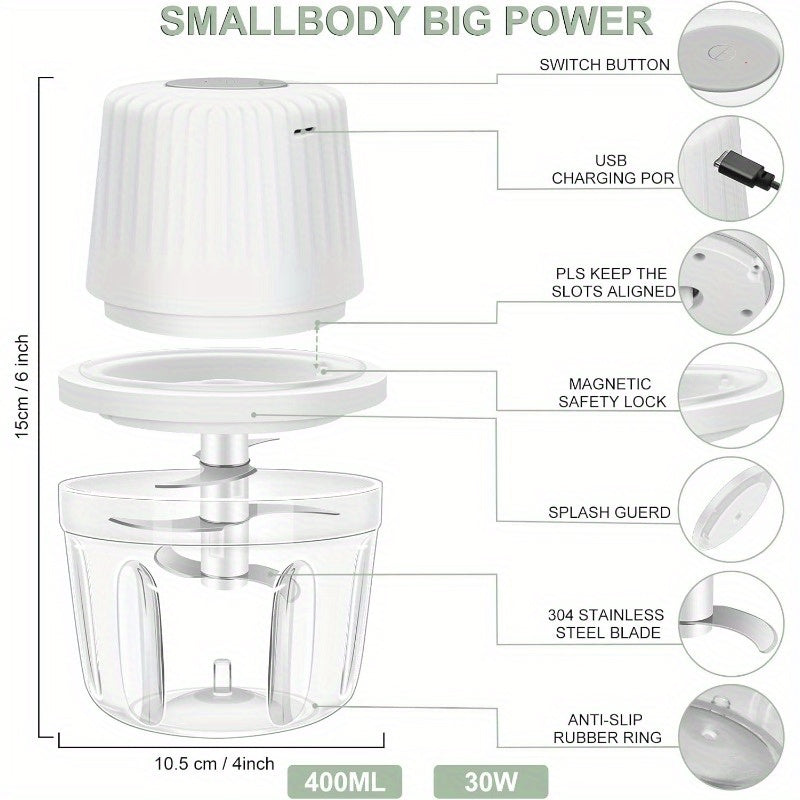 13.53oz Electric Garlic Chopper with 6 Blades - USB-Powered Portable Food Processor, 304 Stainless Steel Mini Vegetable Chopper for Ginger, Chili, Fruits & Meats - Compact Design with Safety Lock & Ergonomic Handle, No Electricity Needed, Garlic Chopper,