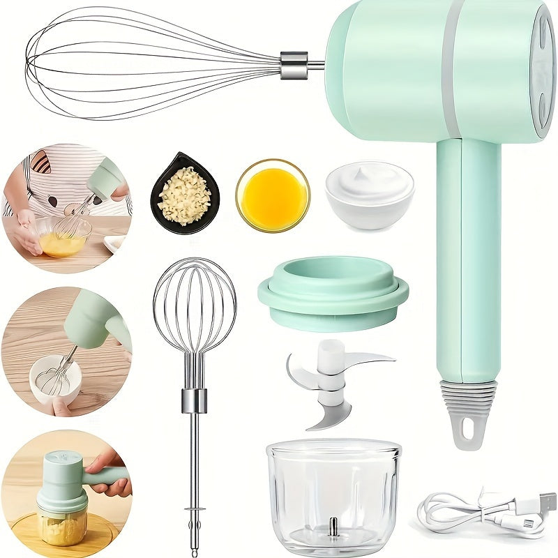 1 Set Multifunctional Electric Garlic Masher & Egg Beater 2-in-1 Set - Rechargeable Portable Handheld Mixer & Mini Meat Grinder for Cake Cream Baking - USB Charging Kitchen Tool with Multiple Attachments and Easy Cleaning Design