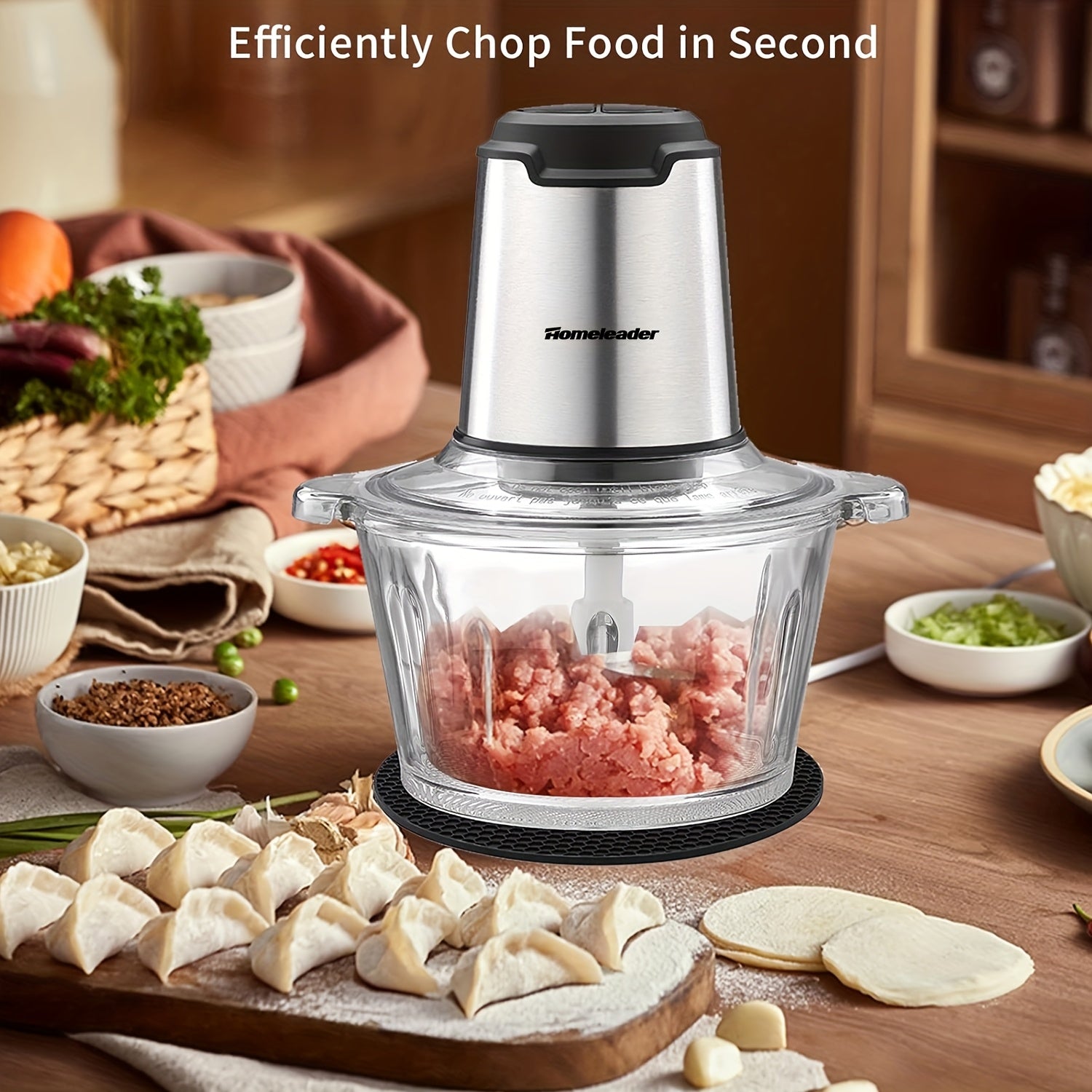Homeleader Electric Food Processor Chopper - 4 Stainless Steel Blades, Single Bowl Multifunctional for Meat, Vegetables, Fruits, Nuts | Compact Design & Easy Clean | Effortless Meal Prep Kitchen Gadget