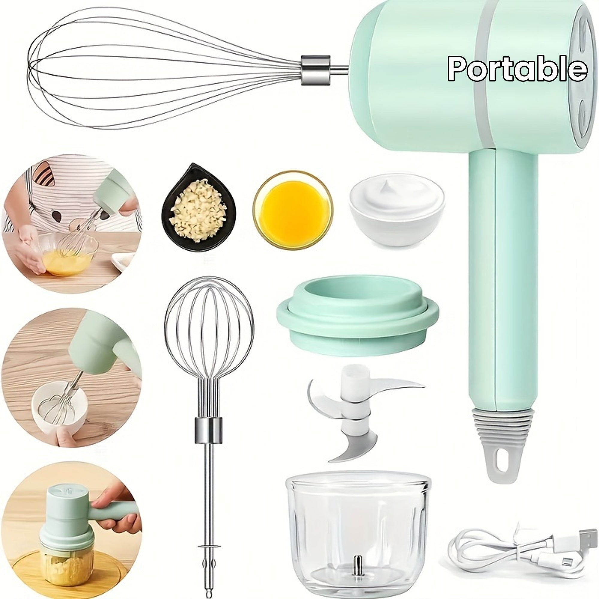 1 Set Multifunctional Electric Garlic Masher & Egg Beater 2-in-1 Set - Rechargeable Portable Handheld Mixer & Mini Meat Grinder for Cake Cream Baking - USB Charging Kitchen Tool with Multiple Attachments and Easy Cleaning Design