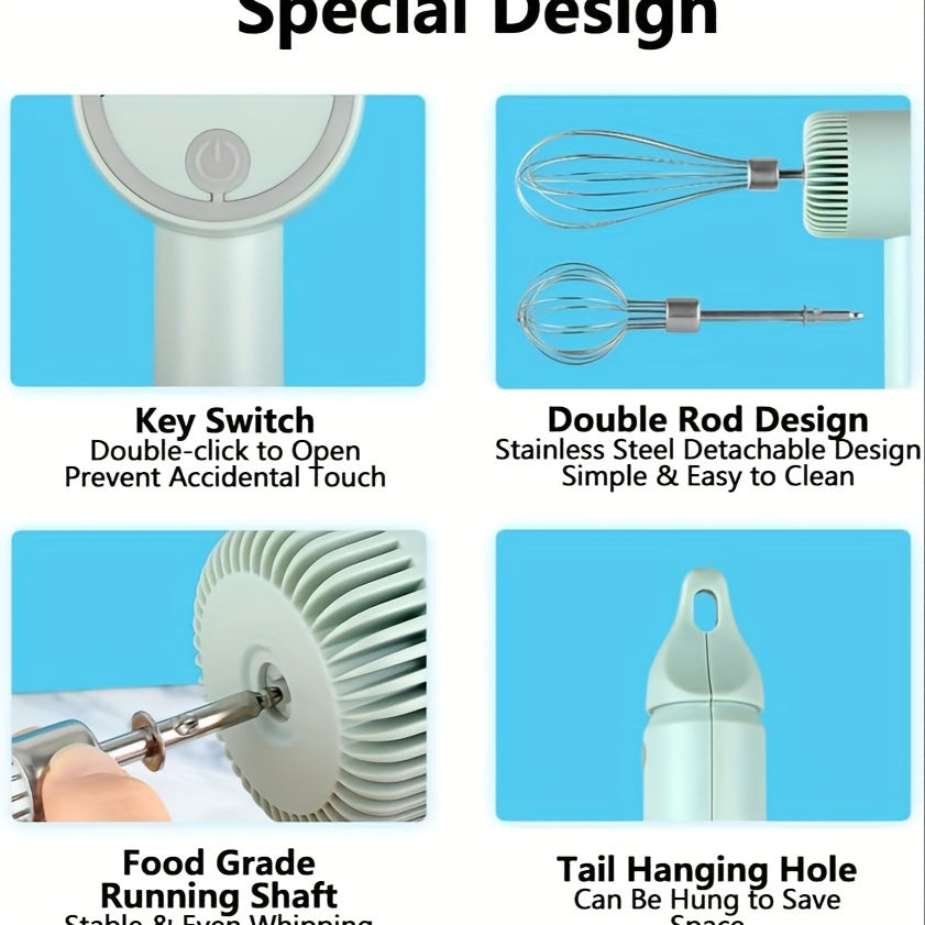 1 Set Multifunctional Electric Garlic Masher & Egg Beater 2-in-1 Set - Rechargeable Portable Handheld Mixer & Mini Meat Grinder for Cake Cream Baking - USB Charging Kitchen Tool with Multiple Attachments and Easy Cleaning Design