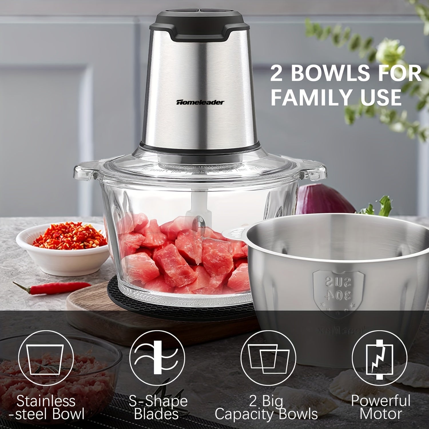 Homeleader Electric Food Processor Chopper - 4 Stainless Steel Blades, Single Bowl Multifunctional for Meat, Vegetables, Fruits, Nuts | Compact Design & Easy Clean | Effortless Meal Prep Kitchen Gadget