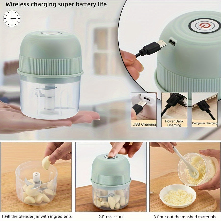 [Rechargeable Garlic Chopper] USB Rechargeable 250ml Electric Mini Garlic Chopper - Stainless Steel Blade, Round ABS Cup, Safety Switch, 3600 RPM - for Ginger, Vegetables, and Meat Grinding
