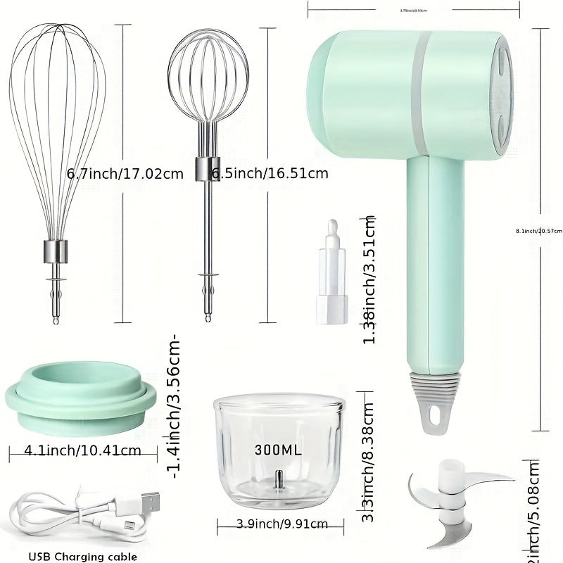1 Set Multifunctional Electric Garlic Masher & Egg Beater 2-in-1 Set - Rechargeable Portable Handheld Mixer & Mini Meat Grinder for Cake Cream Baking - USB Charging Kitchen Tool with Multiple Attachments and Easy Cleaning Design